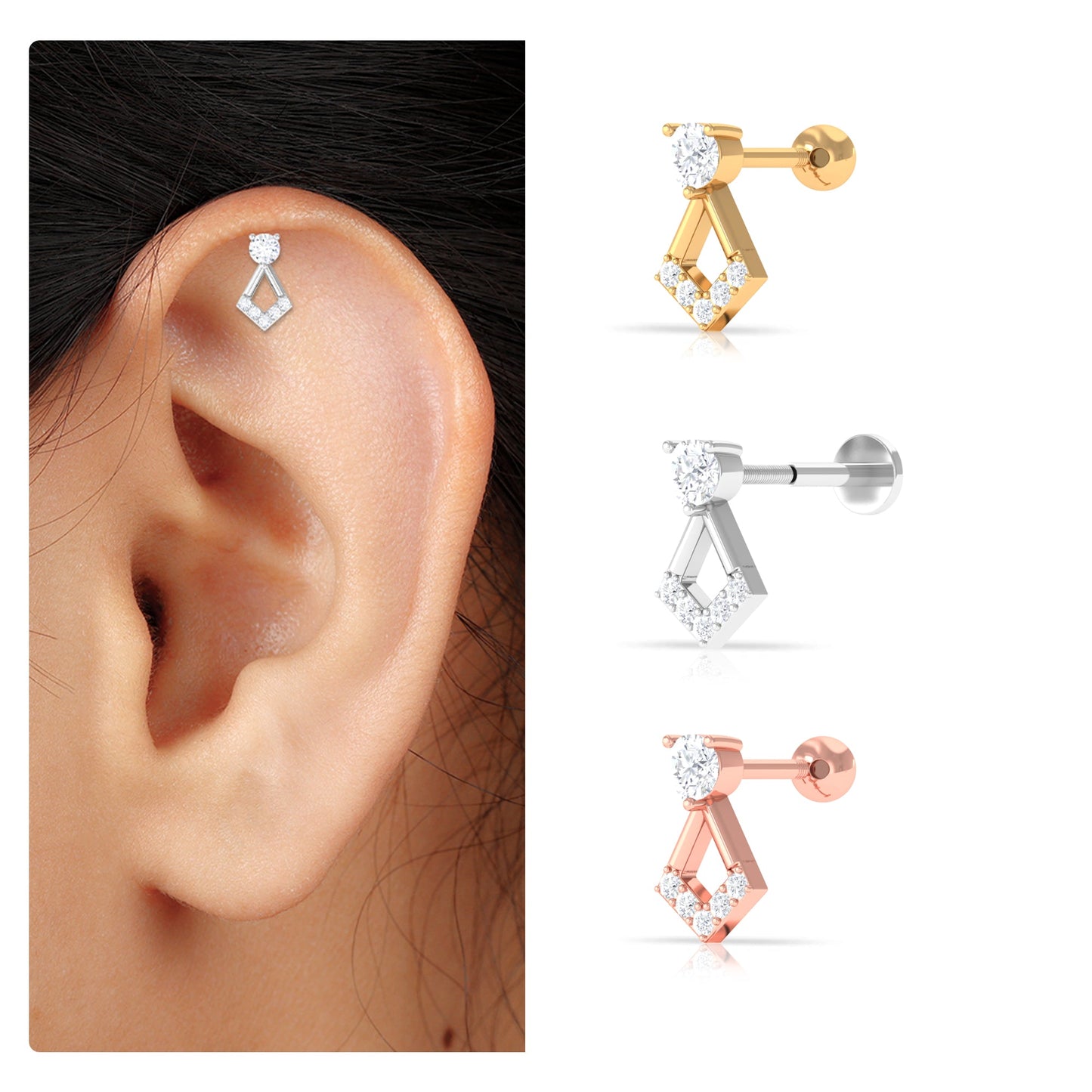Certified Moissanite Geometric Earring for Tragus Piercing