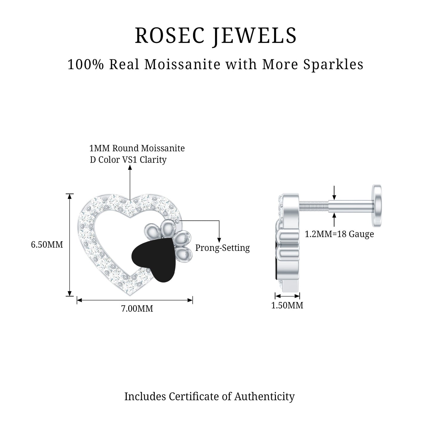Certified Moissanite Paw and Heart Cartilage Earring with Enamel