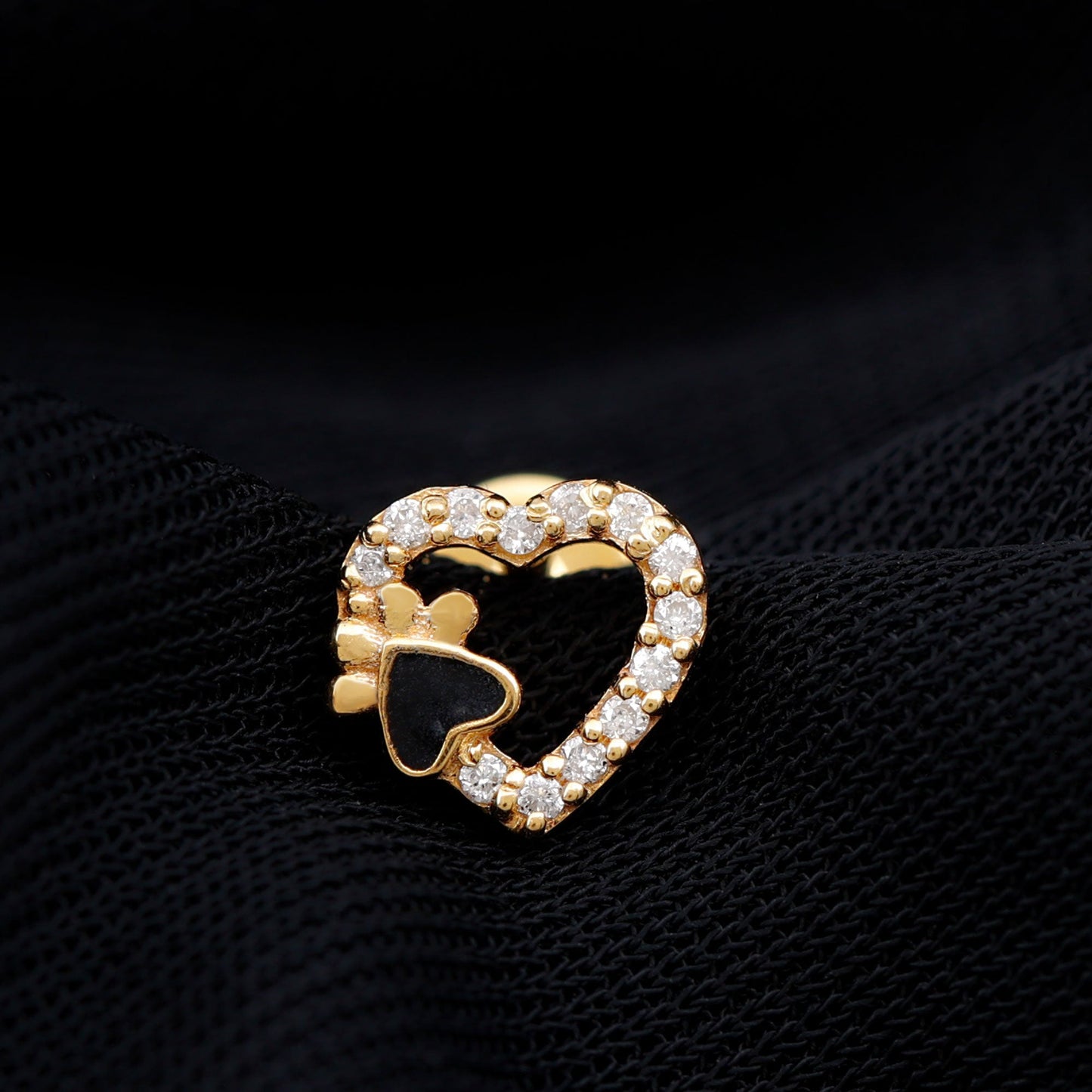 Certified Moissanite Paw and Heart Cartilage Earring with Enamel