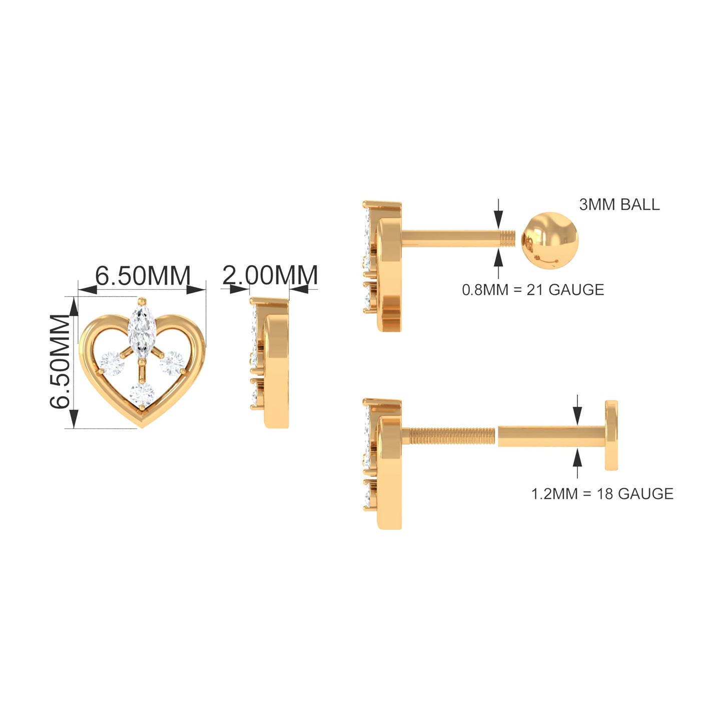 Genuine Diamond Heart Earring for Cartilage Piercing