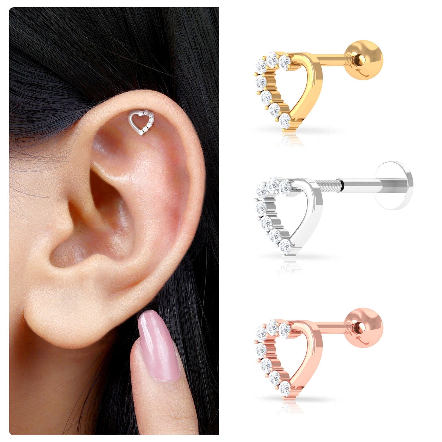 Genuine Diamond Open Heart Earring for Helix Piercing