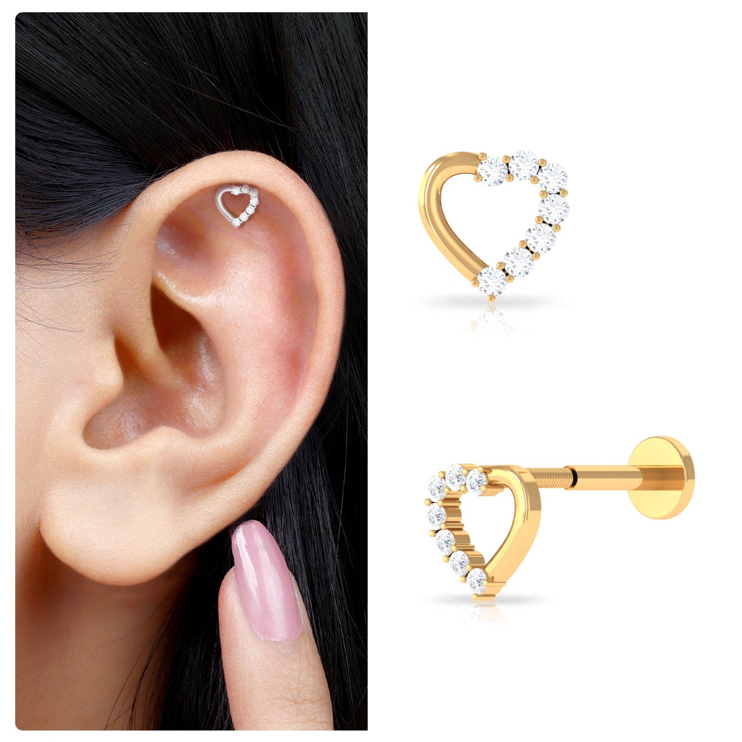 Genuine Diamond Open Heart Earring for Helix Piercing