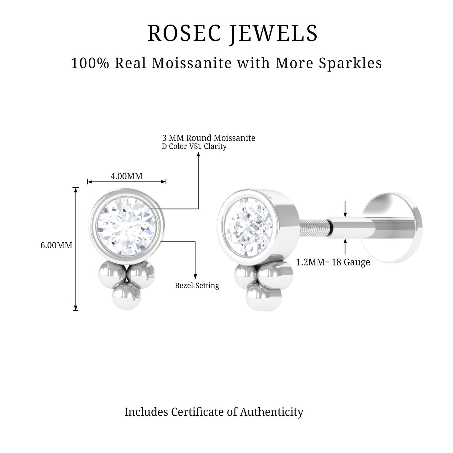 Minimalist Moissanite Beaded Helix Earring in Bezel Setting