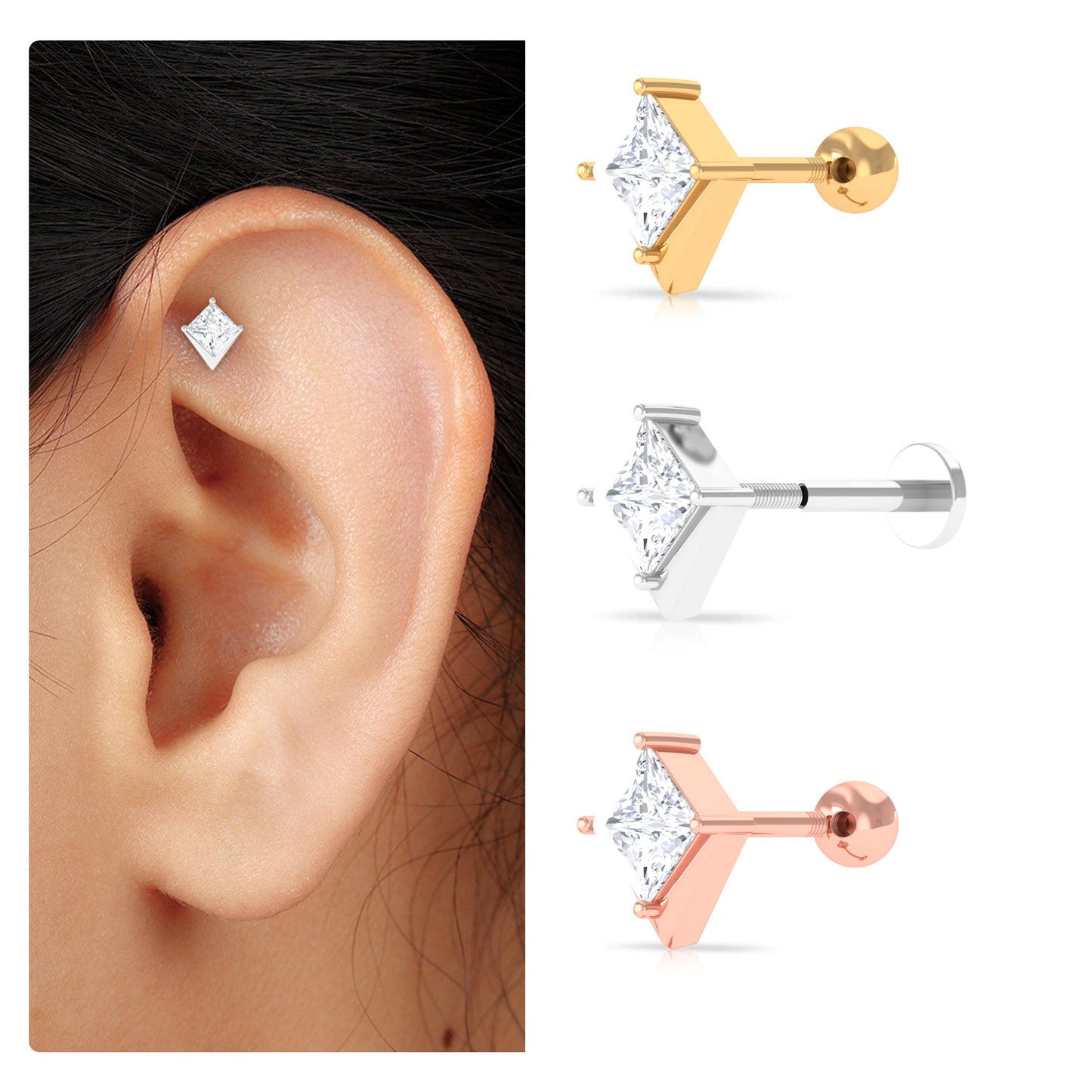 Princess Cut Moissanite Tragus Earring for Women