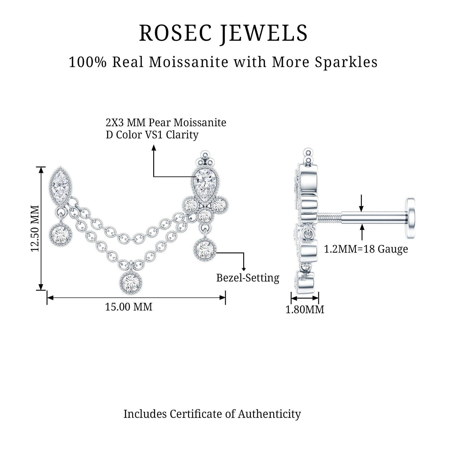 Certified Moissanite Double Chain Earring for Helix Piercing