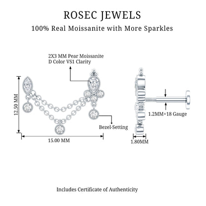 Certified Moissanite Double Chain Earring for Helix Piercing