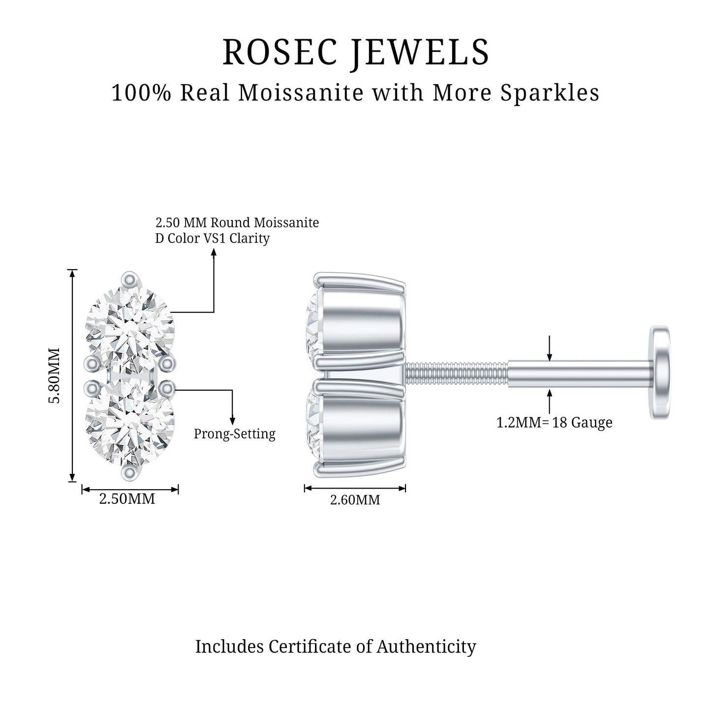 Minimalist Moissanite 2 Stone Earring for Tragus Piercing