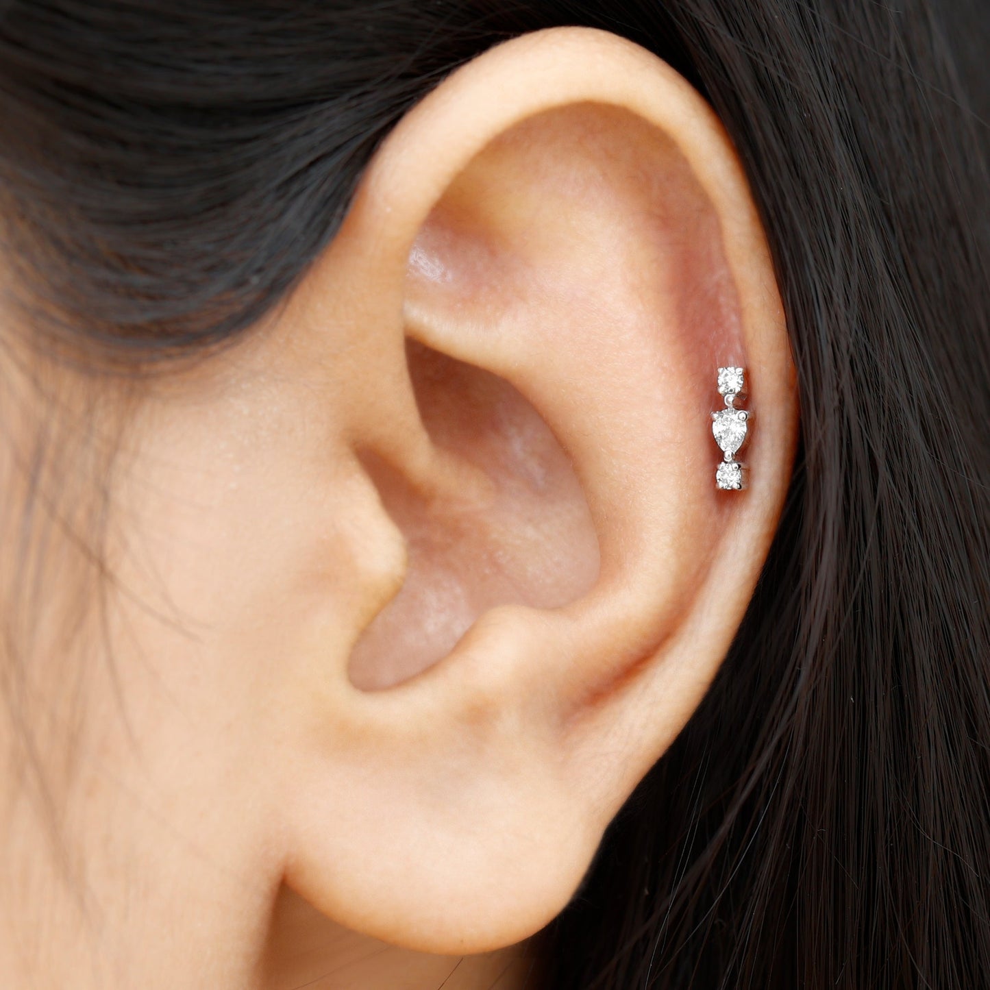 Certified Moissanite 3 Stone Tragus Earring