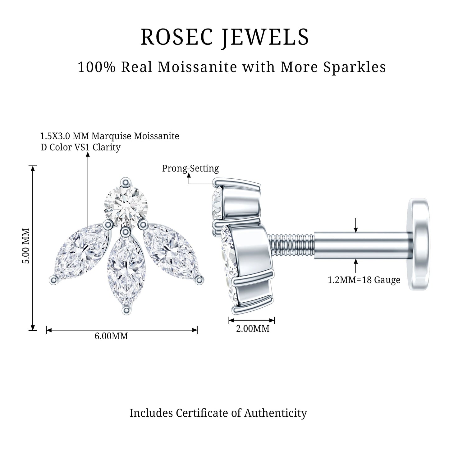 Certified Moissanite Leaf Piercing Earring