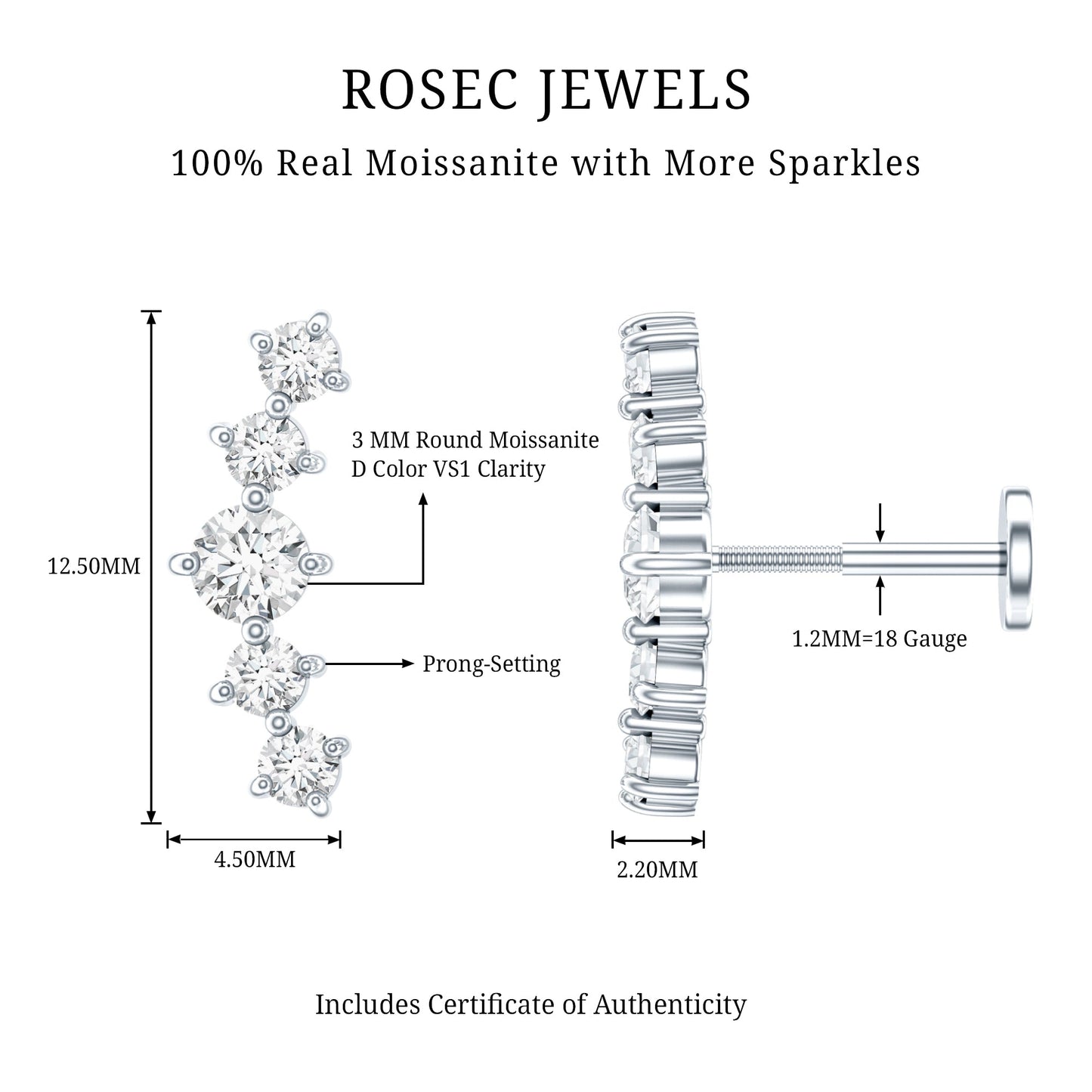 Certified Moissanite Curved Crawler Earring with Flat Back