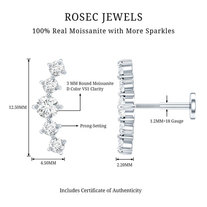 Certified Moissanite Curved Crawler Earring with Flat Back
