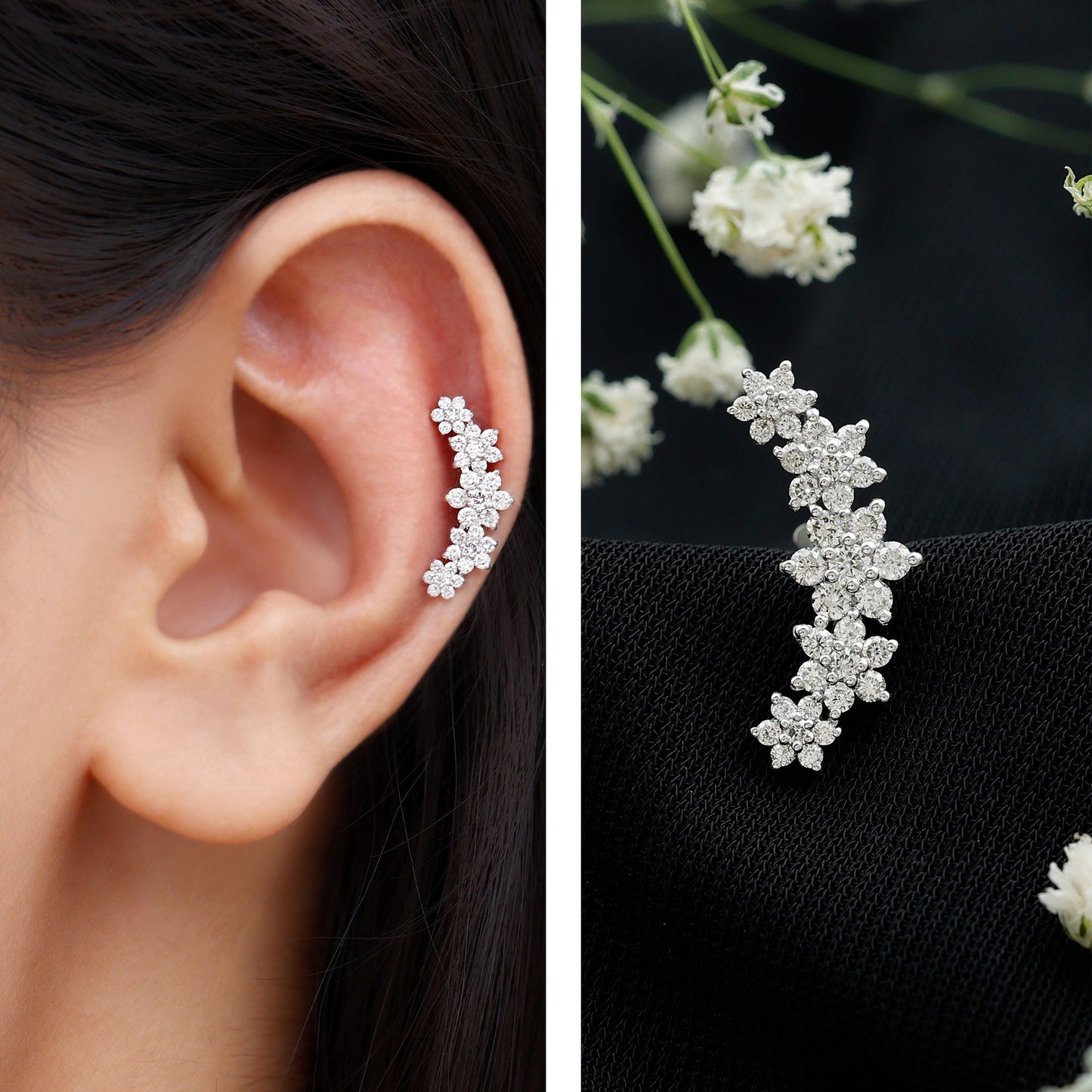 Exquisite Moissanite Flower Inspired Crawler Earring