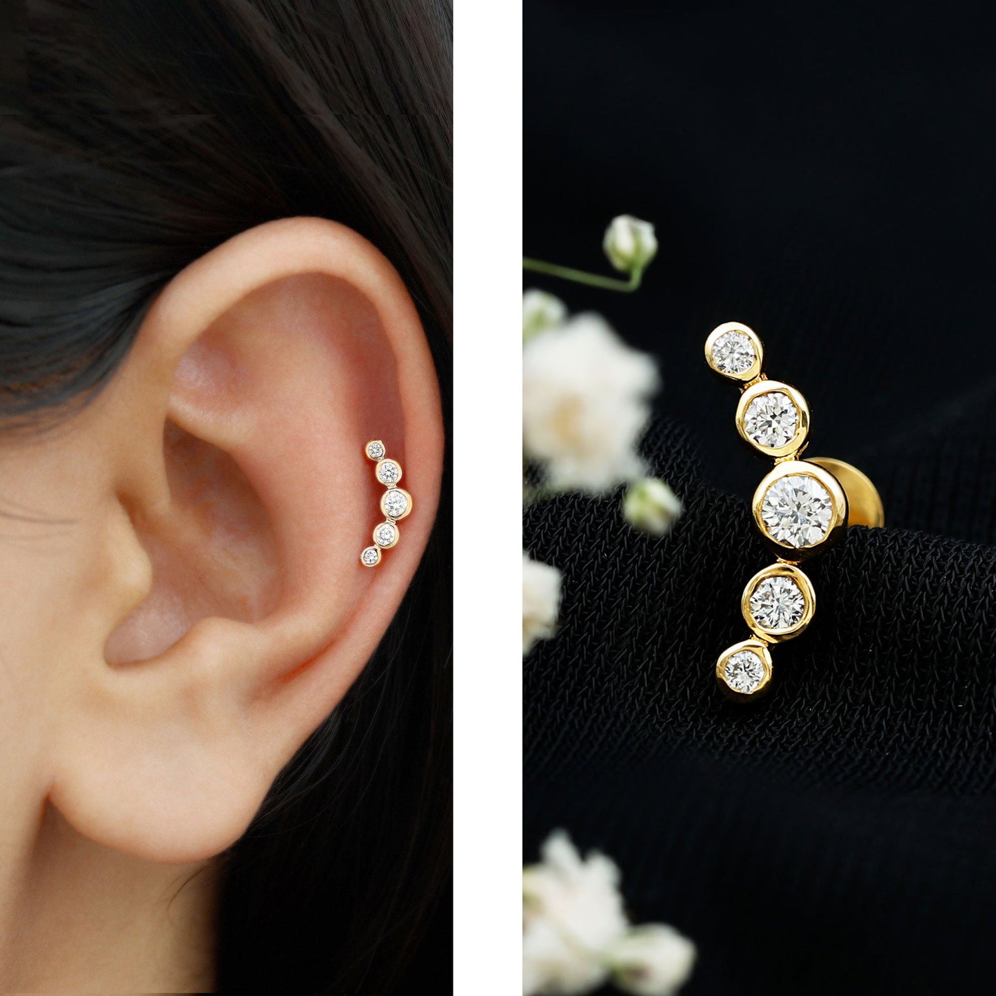 Graduated Diamond Ear Climber Earring in Bezel Setting