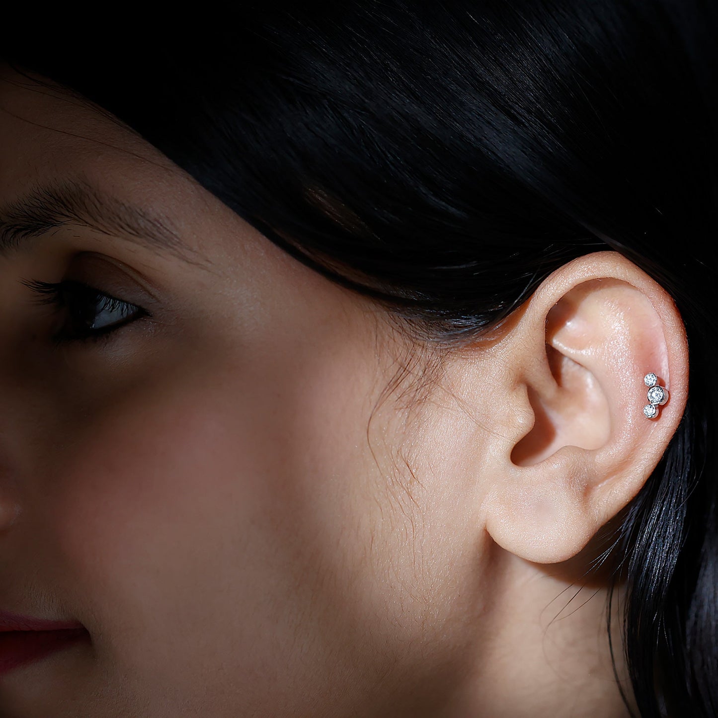 Bezel Set Diamond Three Stone Earring for Helix Piercing