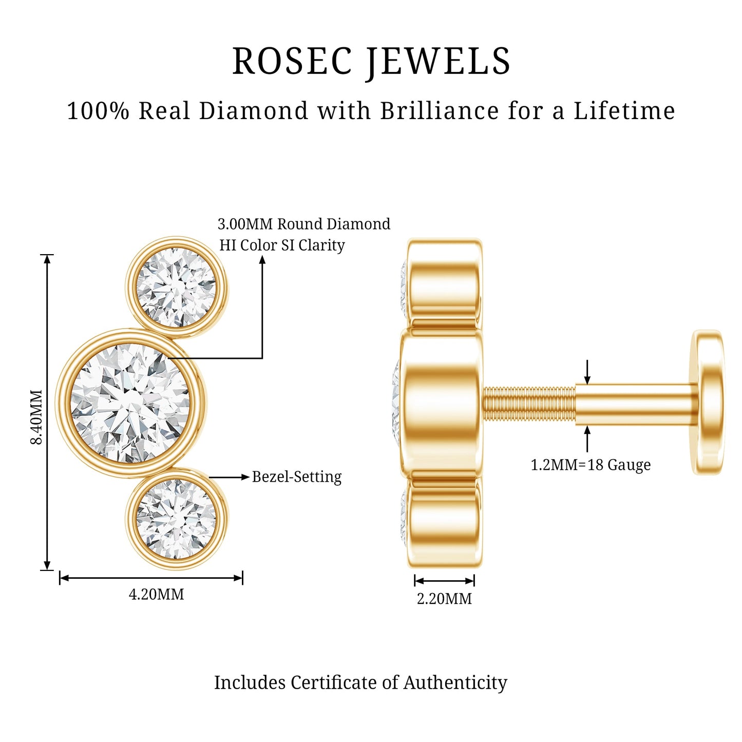 Bezel Set Diamond Three Stone Earring for Helix Piercing