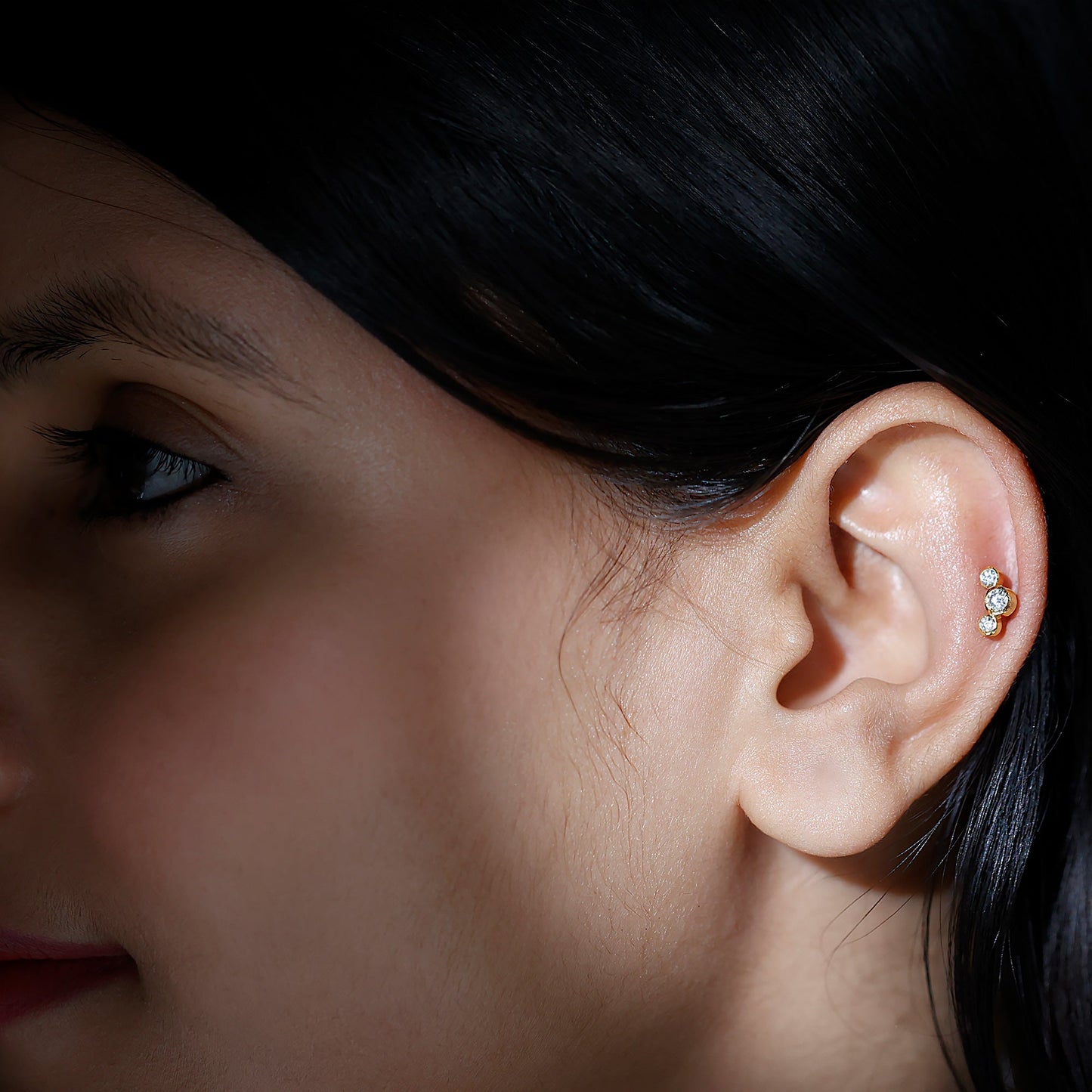 Bezel Set Diamond Three Stone Earring for Helix Piercing