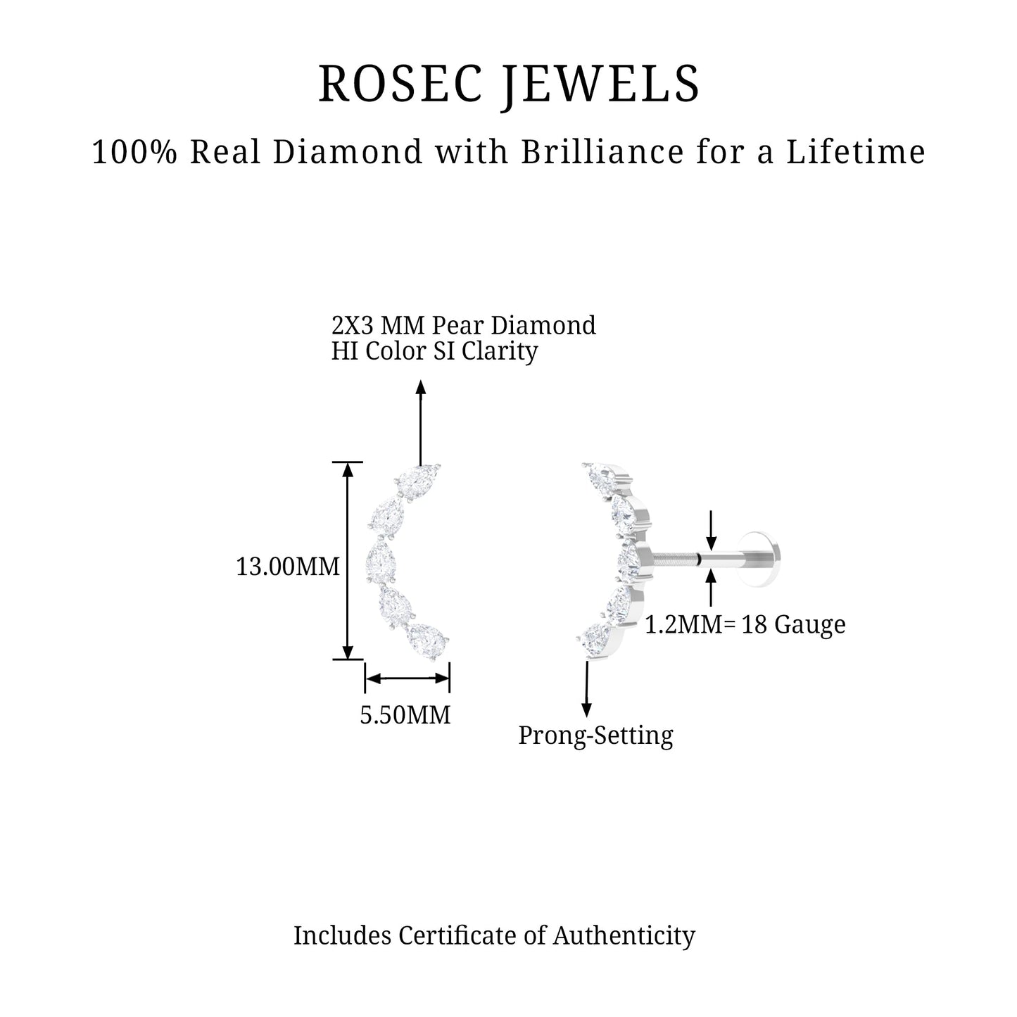 Pear Shape Diamond Crawler Earring for Cartilage Piercing