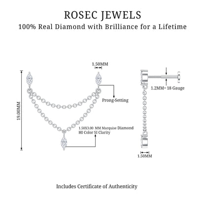 Marquise Diamond Double Piercing Earring with Dangling Chain