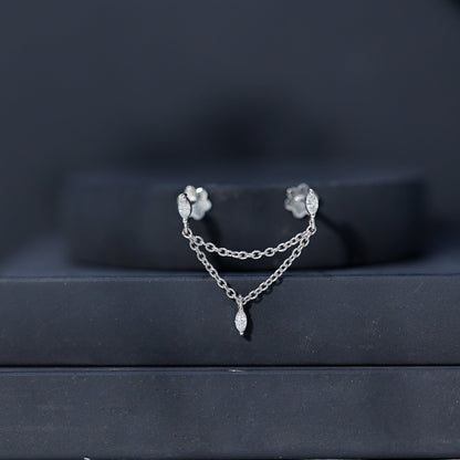Marquise Diamond Double Piercing Earring with Dangling Chain