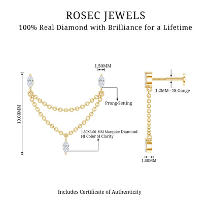 Marquise Diamond Double Piercing Earring with Dangling Chain
