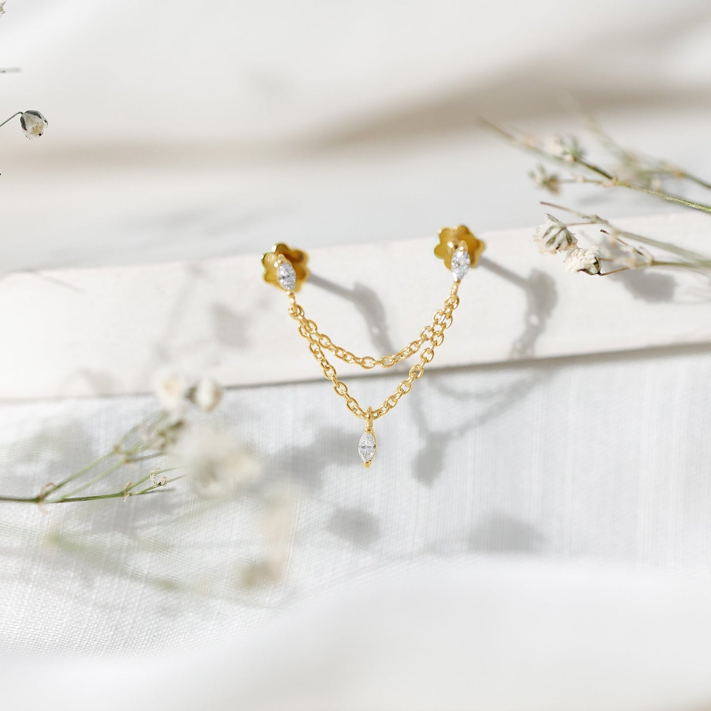 Marquise Diamond Double Piercing Earring with Dangling Chain