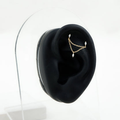 Marquise Diamond Double Piercing Earring with Dangling Chain