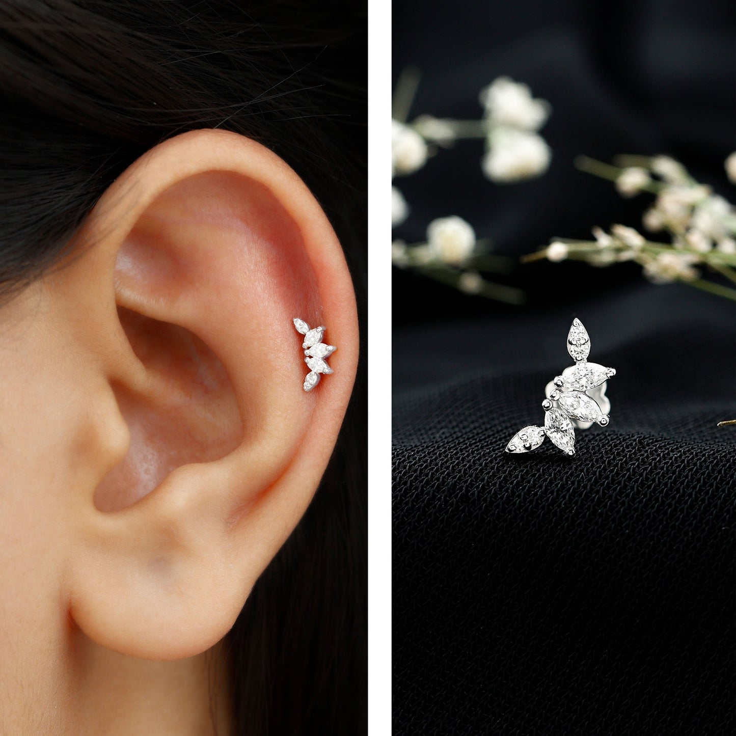 Marquise Diamond Leaf Crawler Earring for Helix Piercing