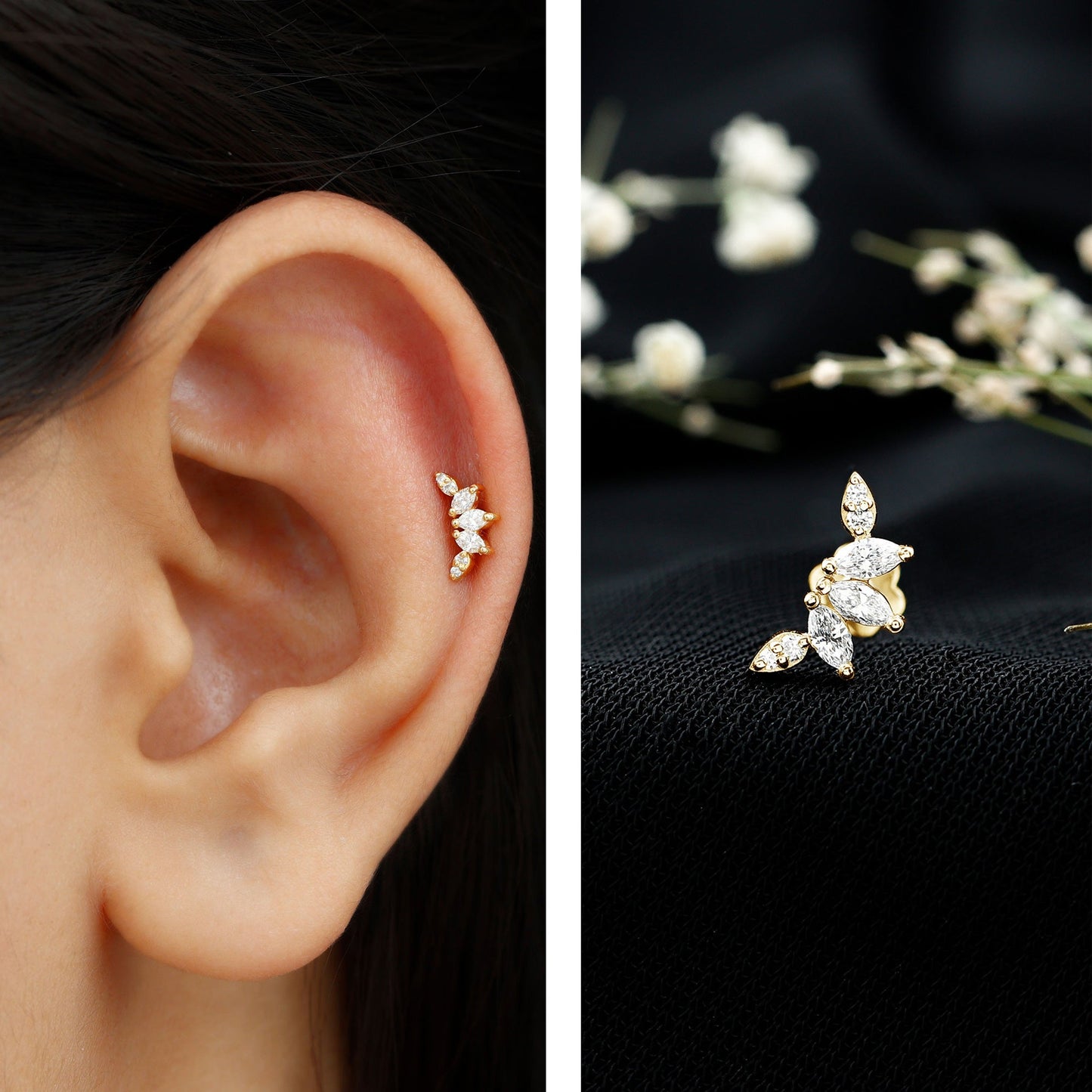Marquise Diamond Leaf Crawler Earring for Helix Piercing