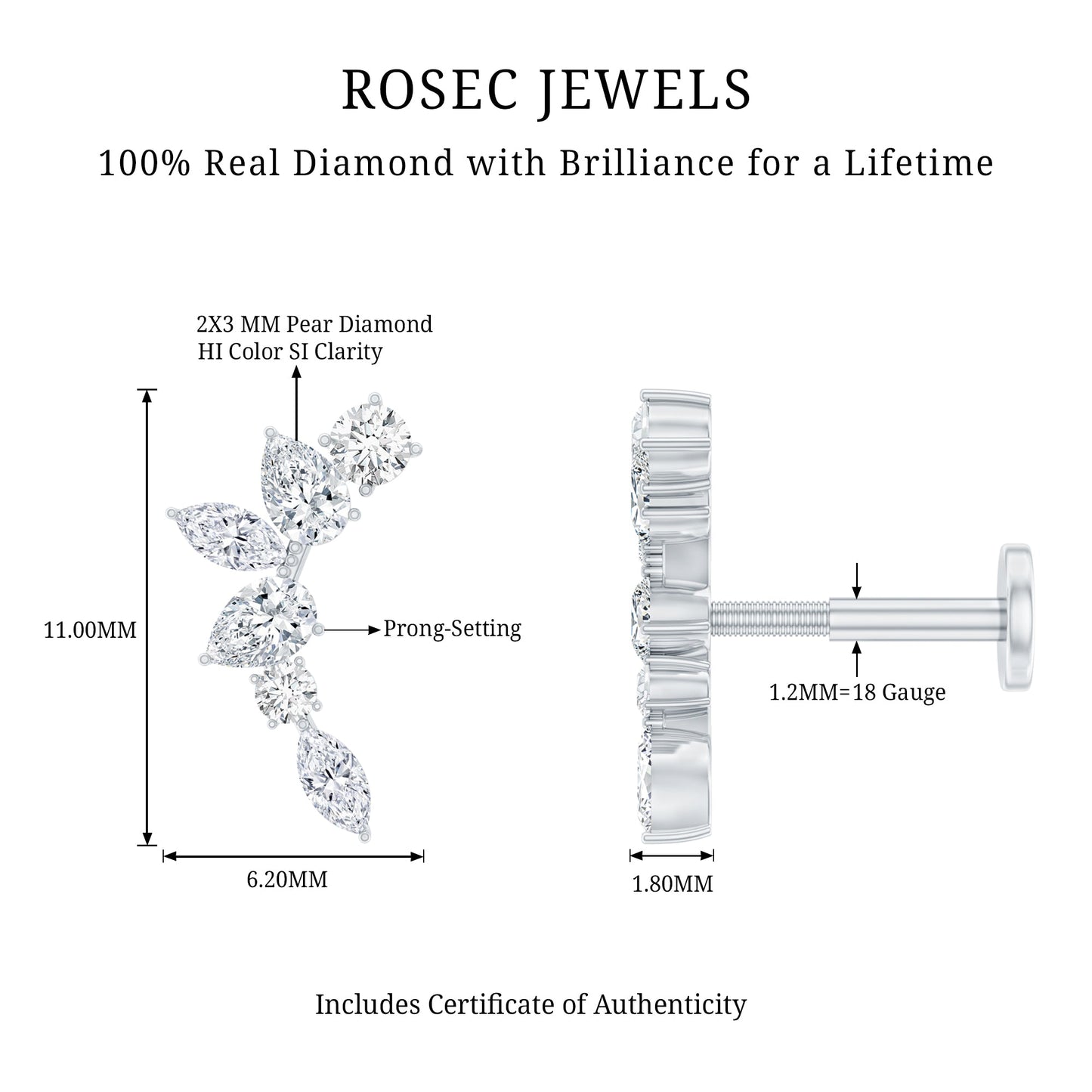 Unique Diamond Ear Crawler Earring for Helix Piercing