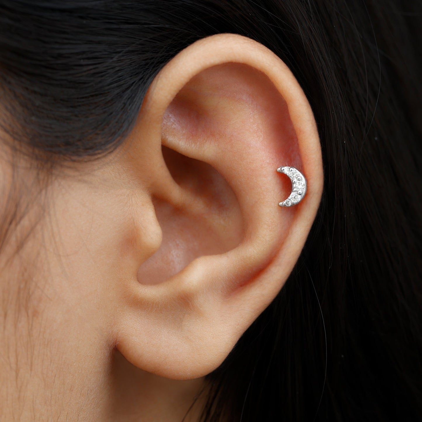 Round Cut Diamond Crescent Moon Cartilage Earring