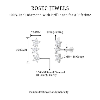 Diamond 3 Star Crawler Earring for Cartilage Piercing