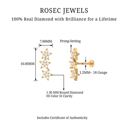 Diamond 3 Star Crawler Earring for Cartilage Piercing