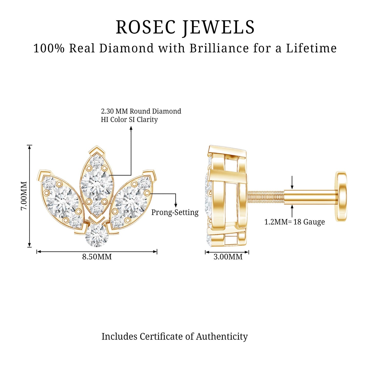 Certified Diamond Lotus Flower Earring with Flat Back
