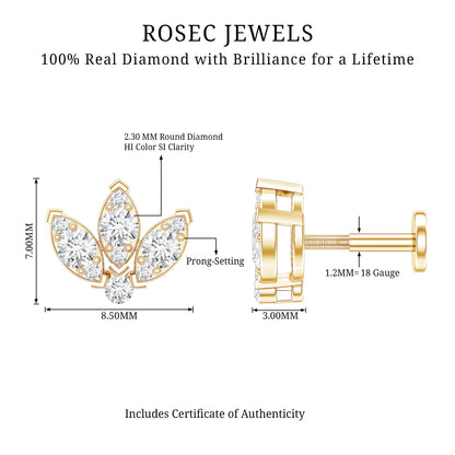 Certified Diamond Lotus Flower Earring with Flat Back