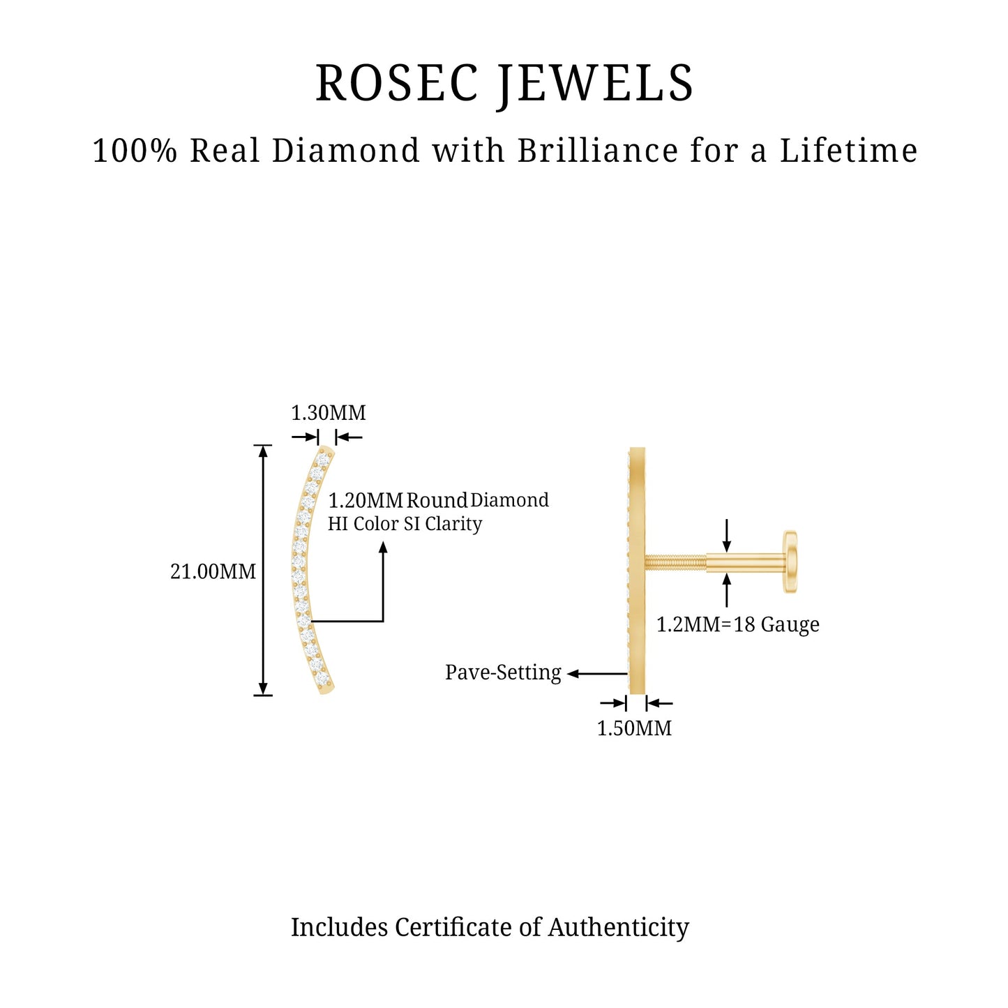 Pave Set Diamond Curved Bar Earring for Cartilage Piercing