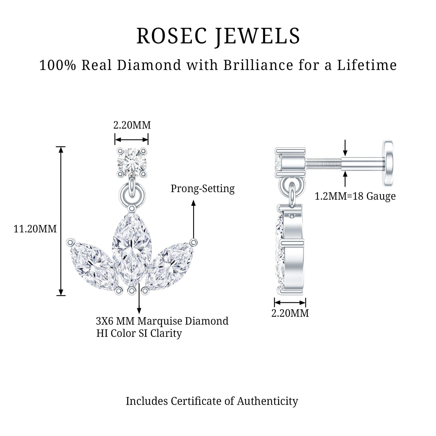 Marquise Diamond Lotus Cartilage Drop Earring