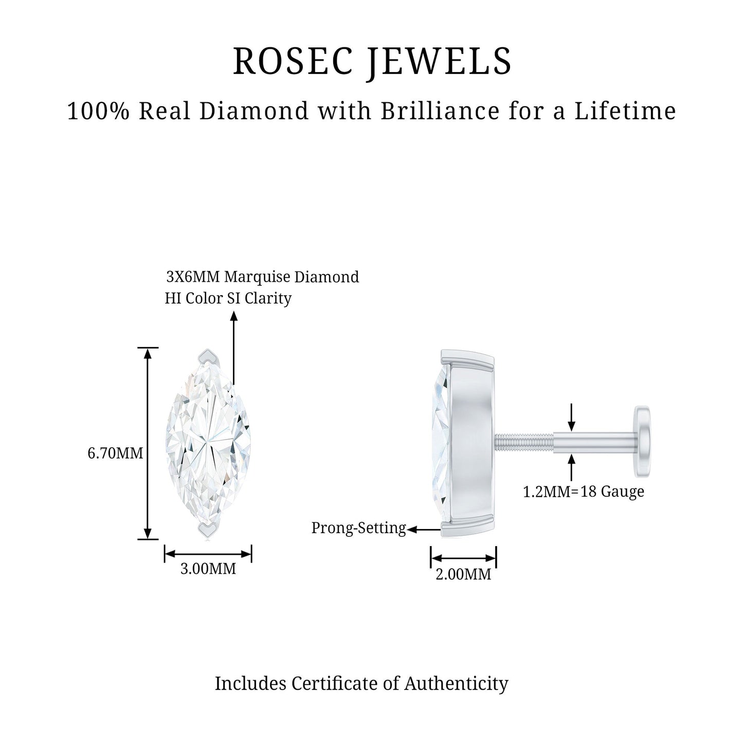 Marquise Diamond Solitaire Earring for Helix Piercing