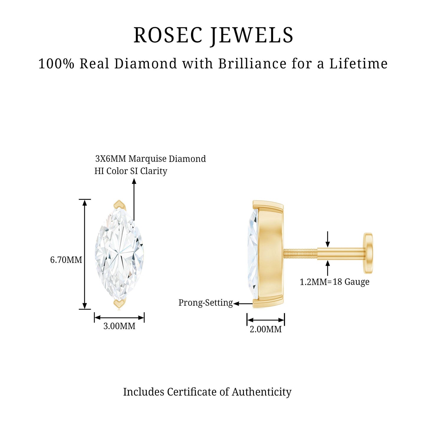 Marquise Diamond Solitaire Earring for Helix Piercing