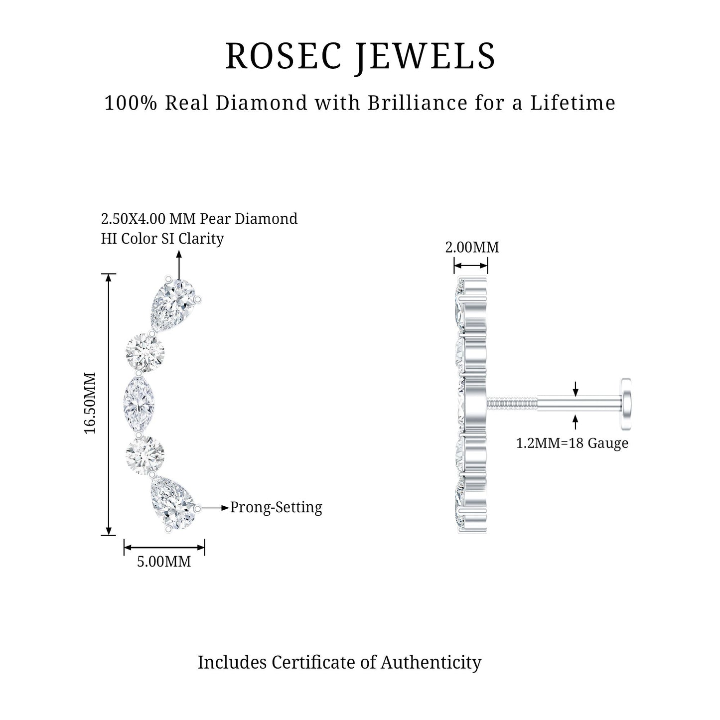 Simple Diamond Curved Crawler Earring for Helix Piercing