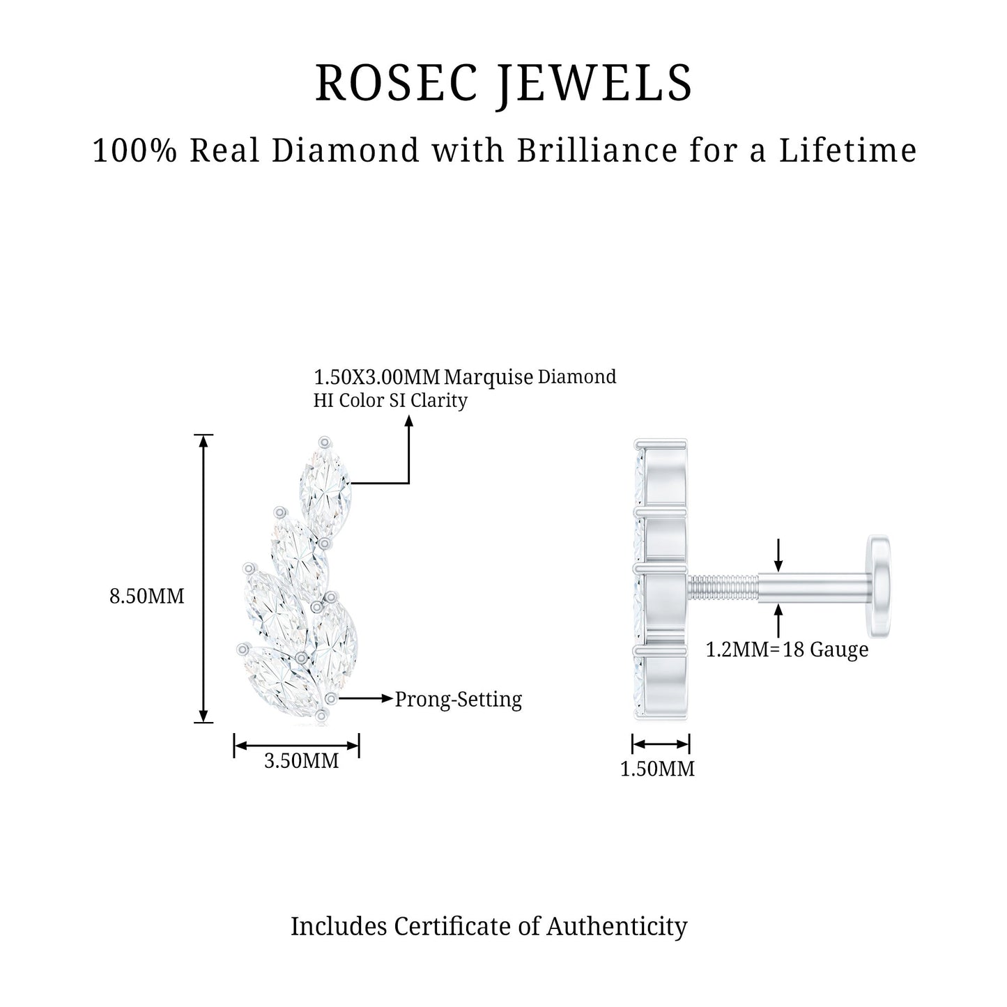 Marquise Diamond Leaf Cluster Earring for Helix Piercing