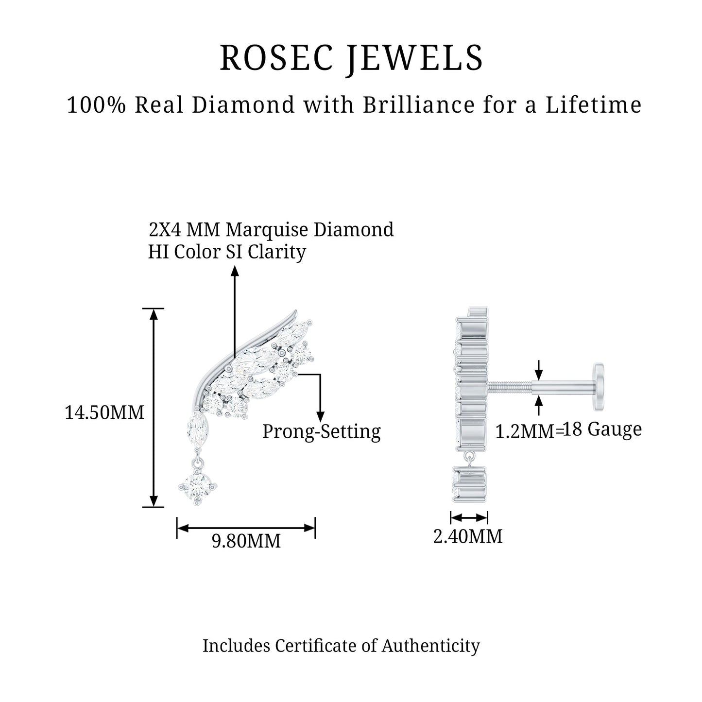 Brilliant Cut Diamond Wing Helix Drop Earring with Flat Back