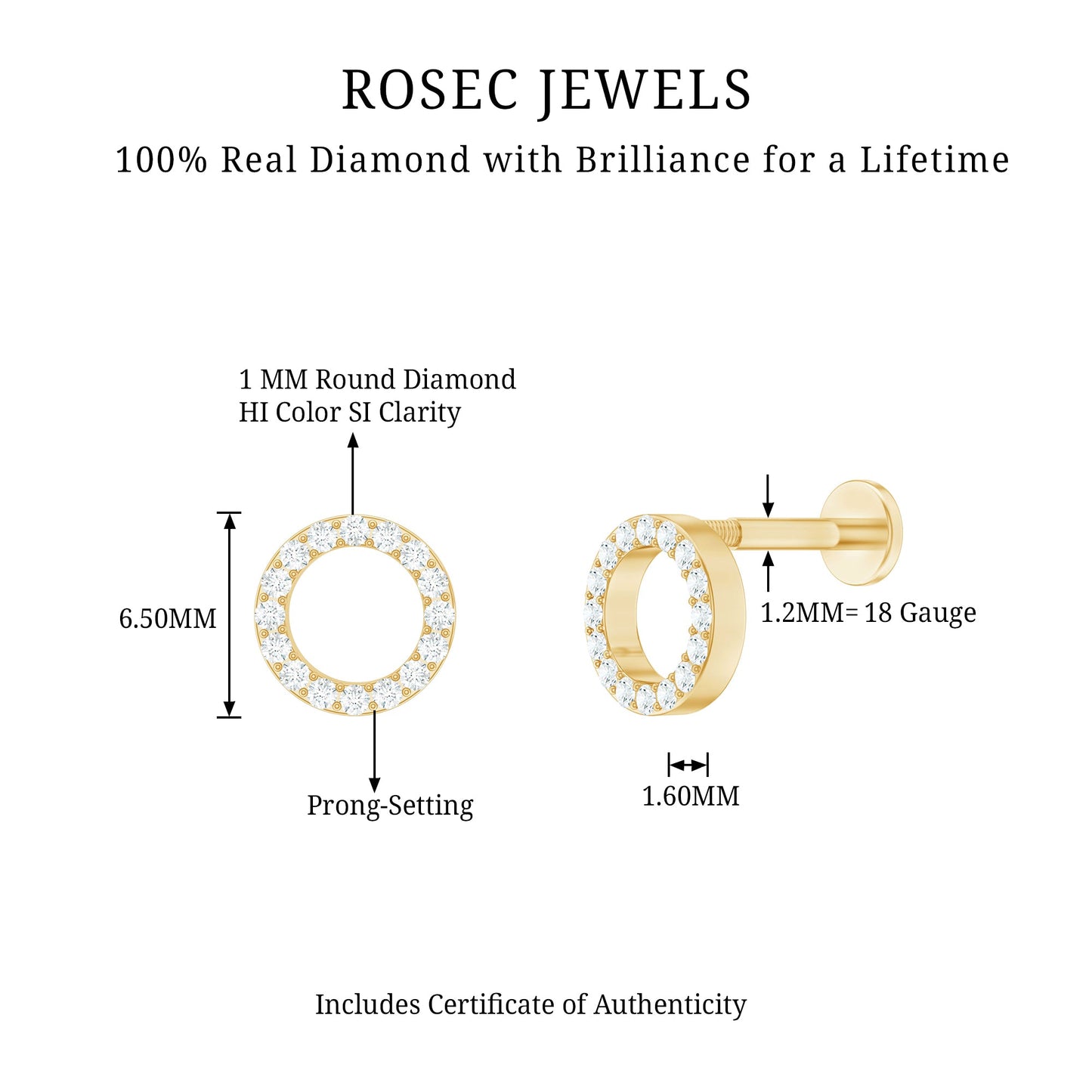Brilliant Cut Diamond Circle Earring for Helix Piercing