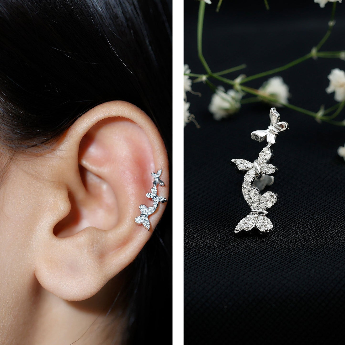 Diamond Butterfly Crawler Earring for Helix Piercing