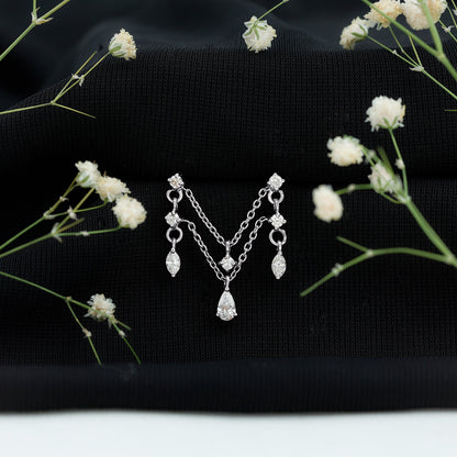 Brilliant Cut Diamond Double Chain Drop Earring for Cartilage Piercing