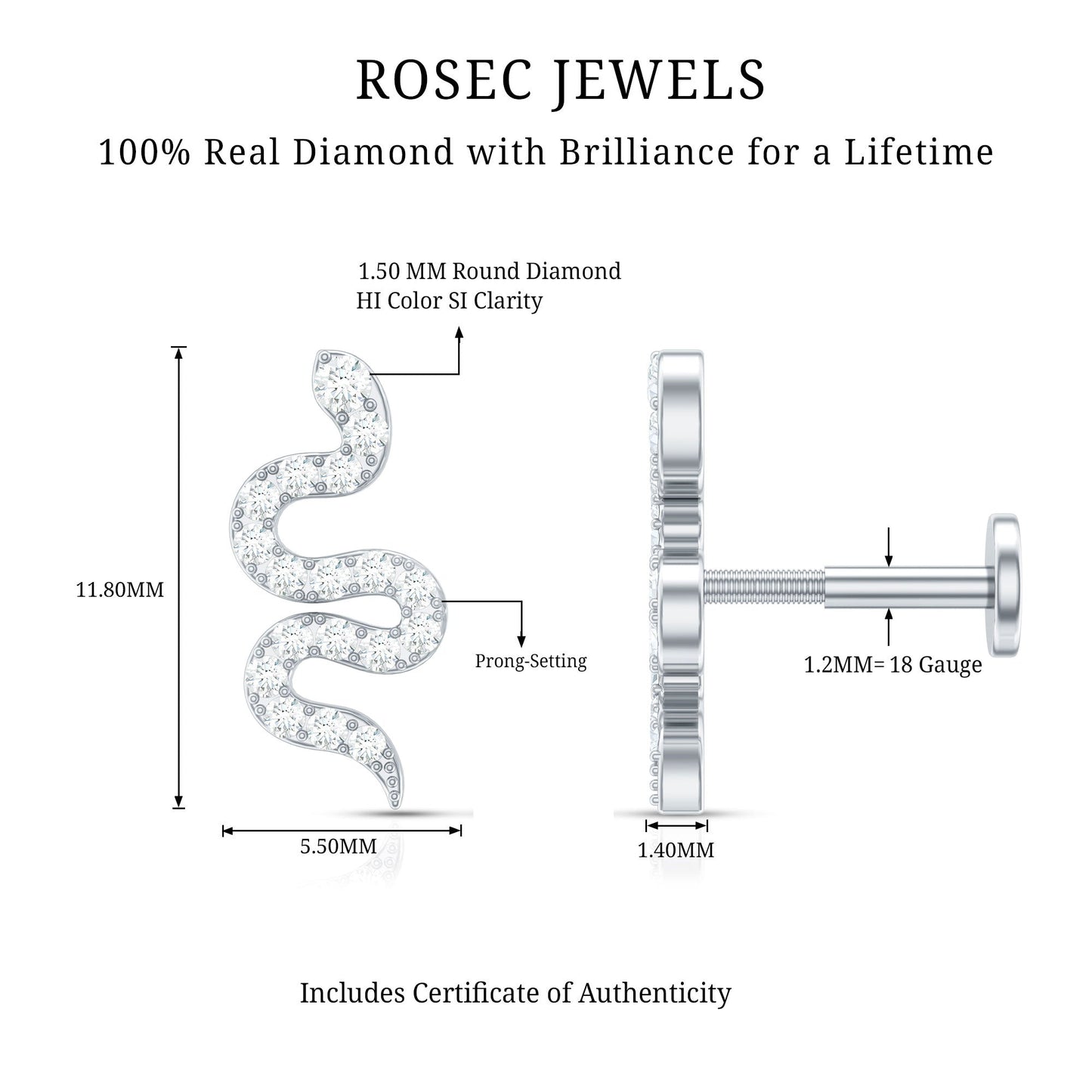 Certified Diamond Snake Earring for Cartilage Piercing