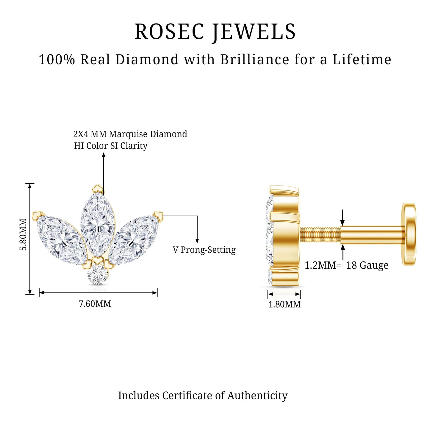 Marquise Cut Diamond Lotus Flower Earring for Cartilage Piercing