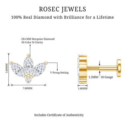 Marquise Cut Diamond Lotus Flower Earring for Cartilage Piercing
