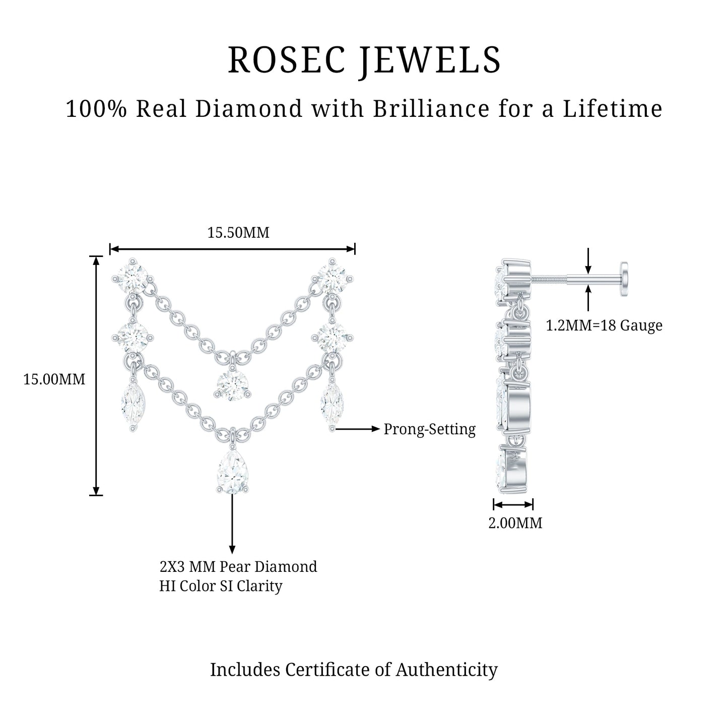 Real Diamond Double Chain Earring for Cartilage Piercing