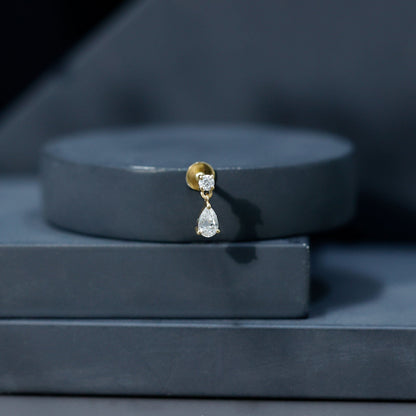 Pear and Round Cut Diamond Stud Drop Helix Earring