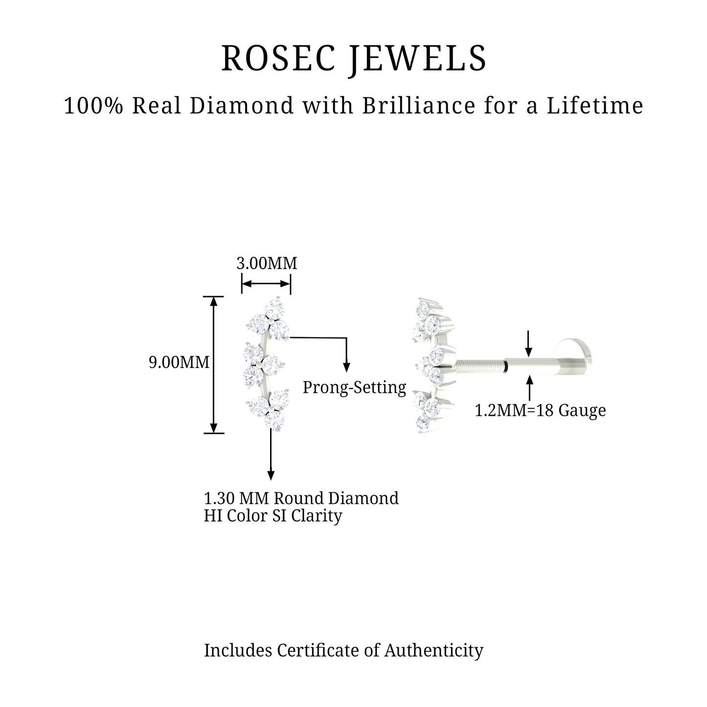 Simple Diamond Curved Helix Earring with Flat Back